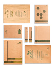 Collection of eco-friendly notebooks and notepads with 'rescript' branding on a white background.