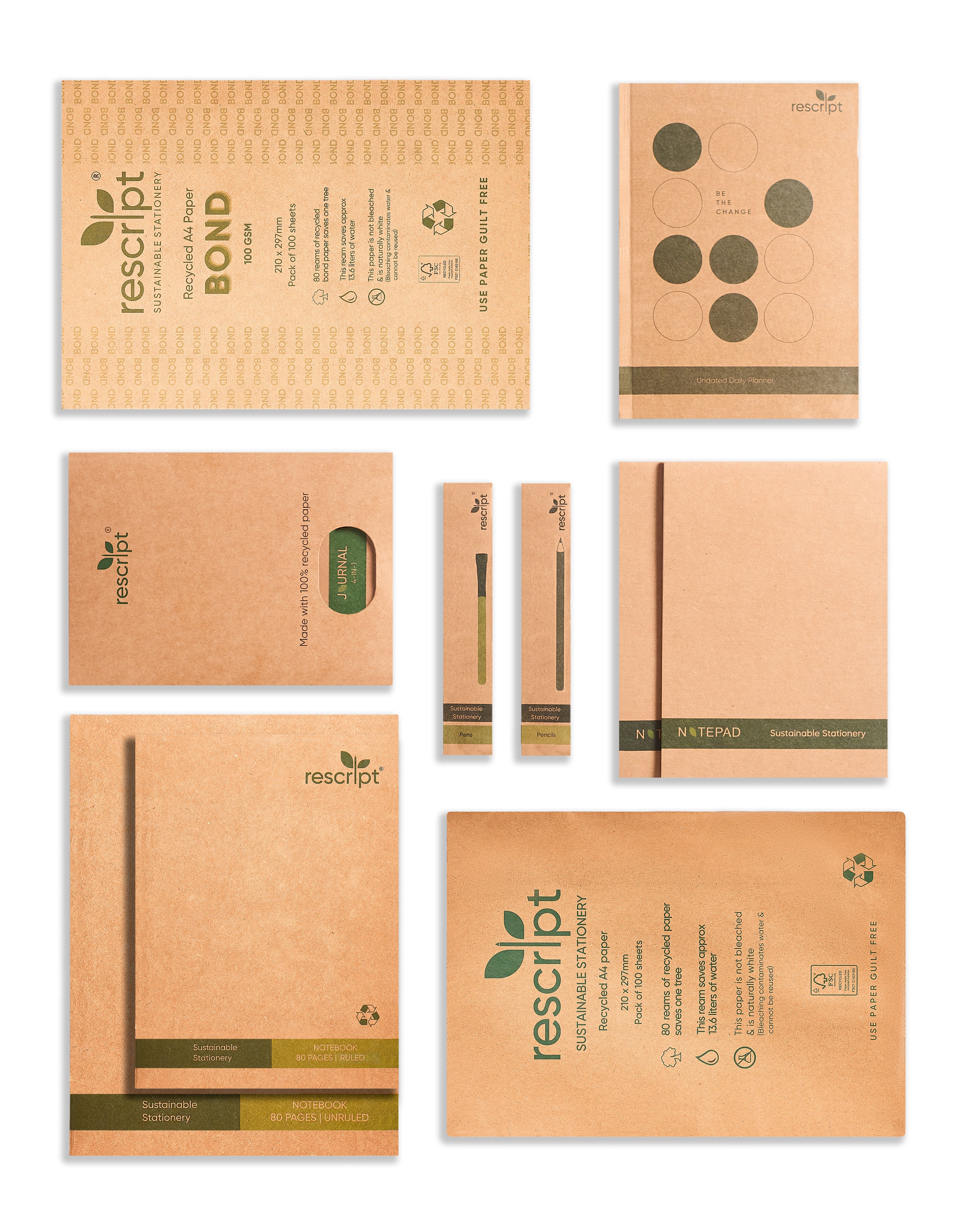 Collection of eco-friendly notebooks and notepads with 'rescript' branding on a white background.