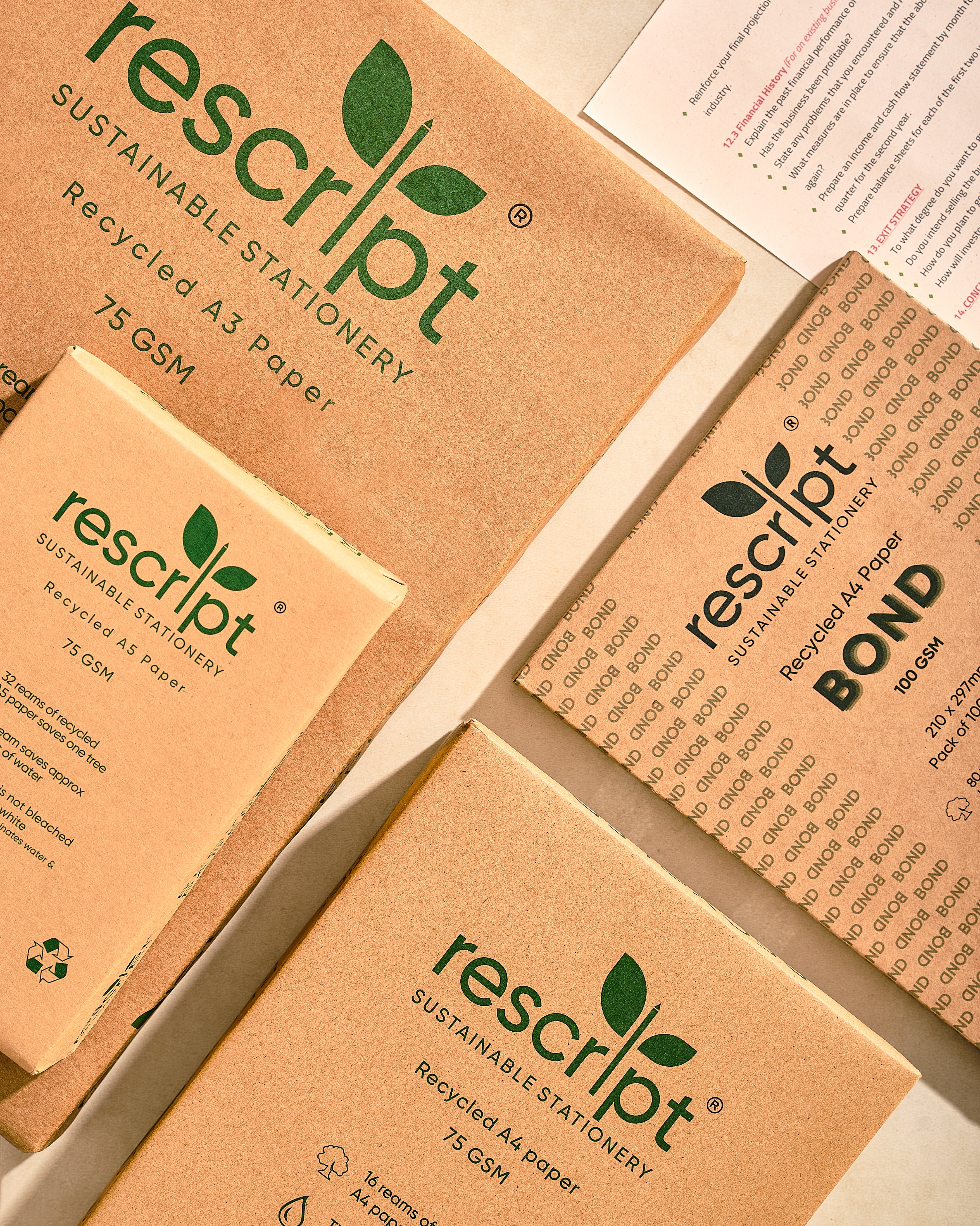 Recycled stationery products with rescript branding on a neutral background