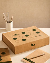 Kraft paper box with green circular designs and 'rescript' branding on a beige surface.