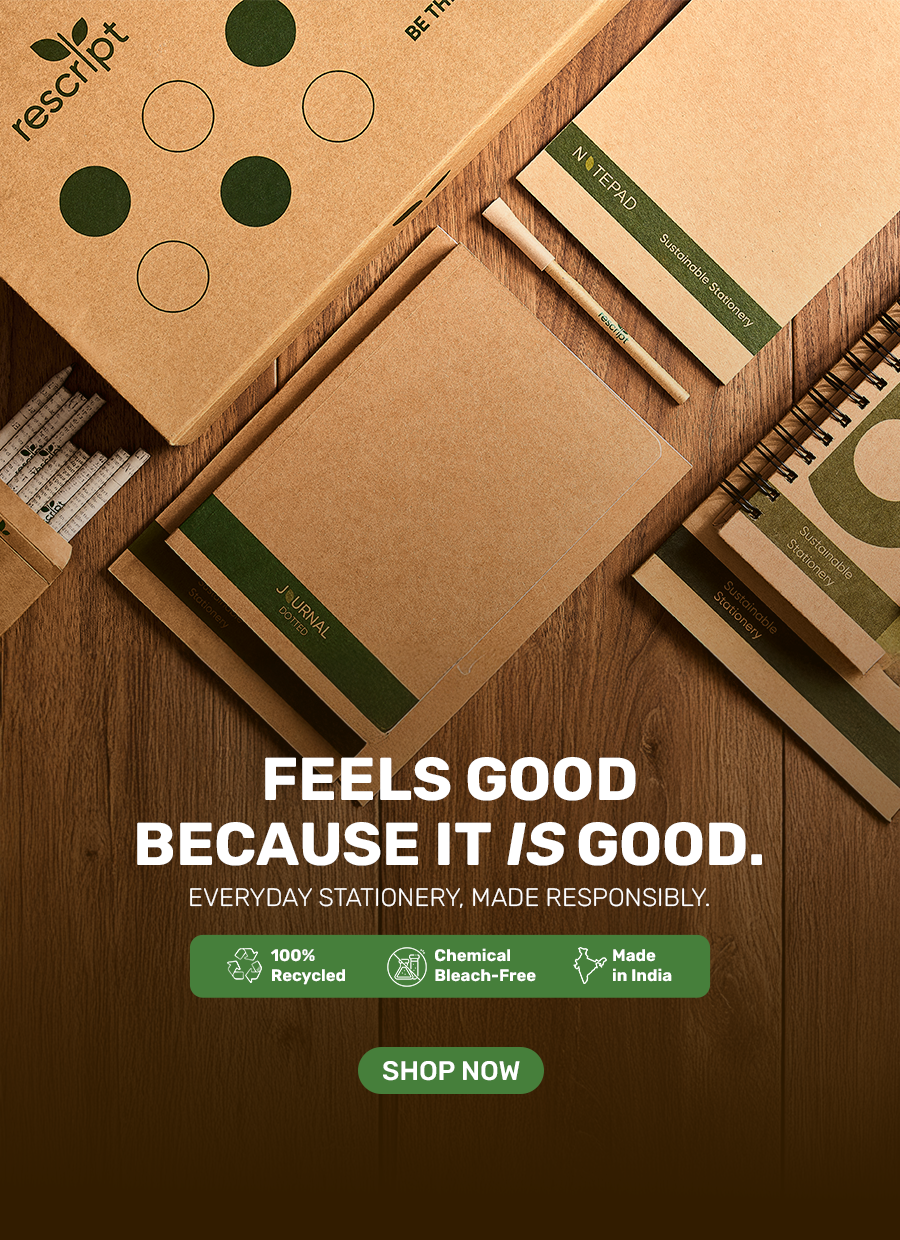 Rescipient stationery items on a wooden surface with promotional text.