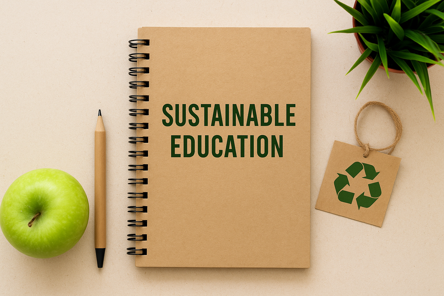 Sustainable school supplies with eco-friendly notebooks, pencils, and teaching materials promoting green education