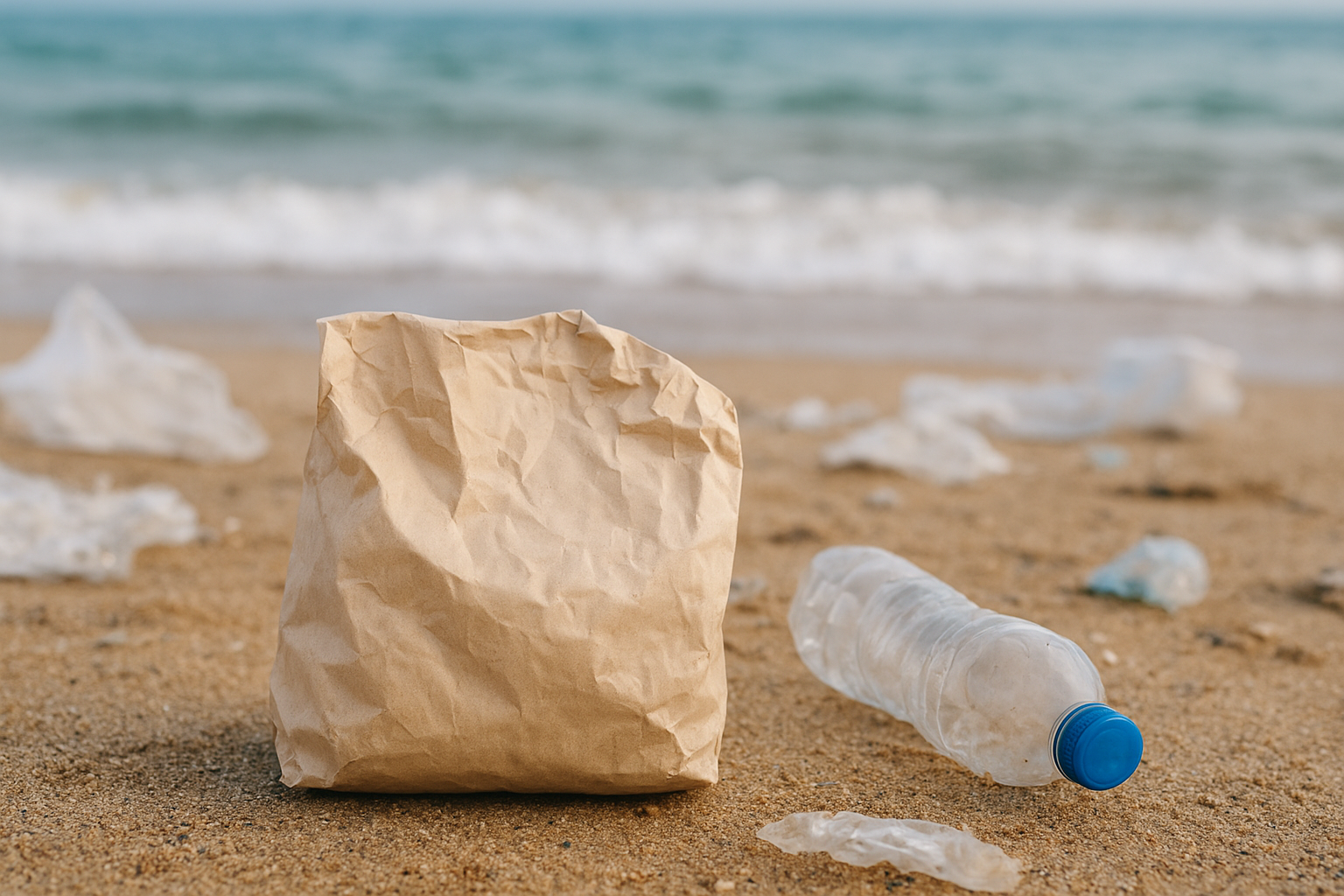 Crumpled paper bag on a sandy beach surrounded by discarded plastic bottles and waste, symbolizing the shift from plastic pollution to sustainable recycled paper alternatives.