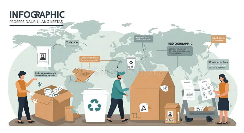 Diagram of paper recycling stages: sorting waste into graded streams for efficient recycling process