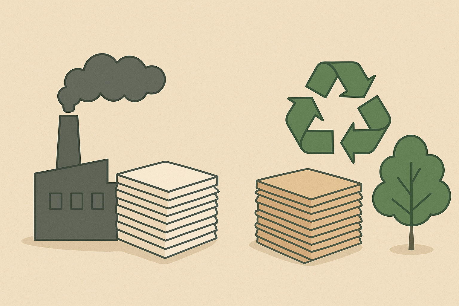 Eco-friendly illustration comparing traditional vs recycled paper production