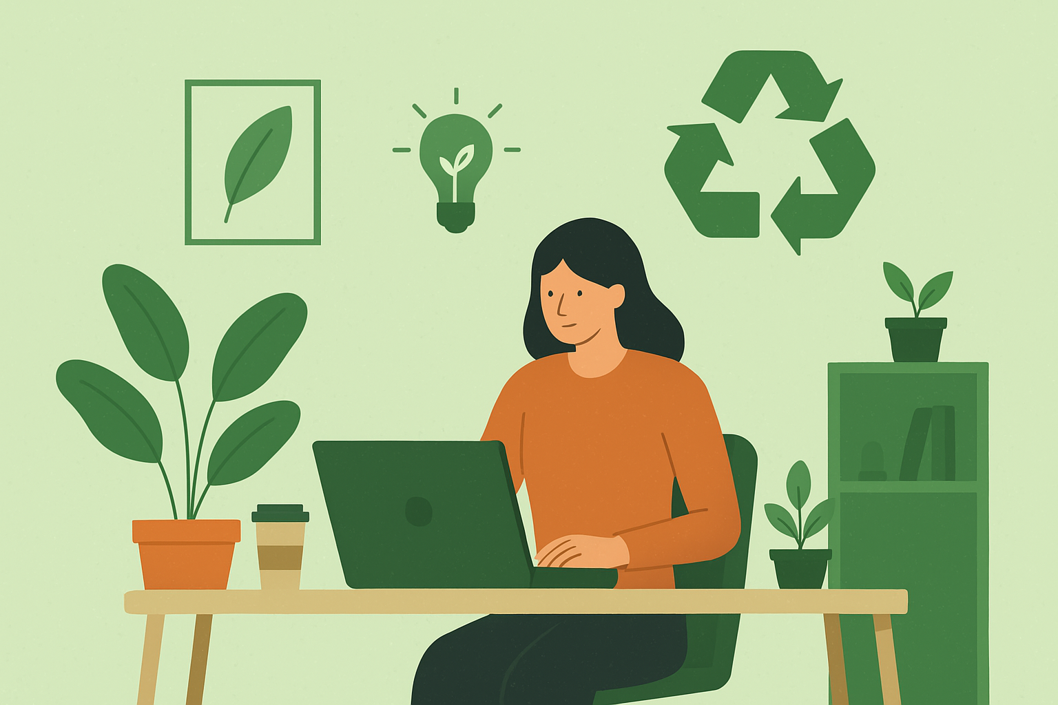 Eco-friendly office workspace with sustainable products and green practices