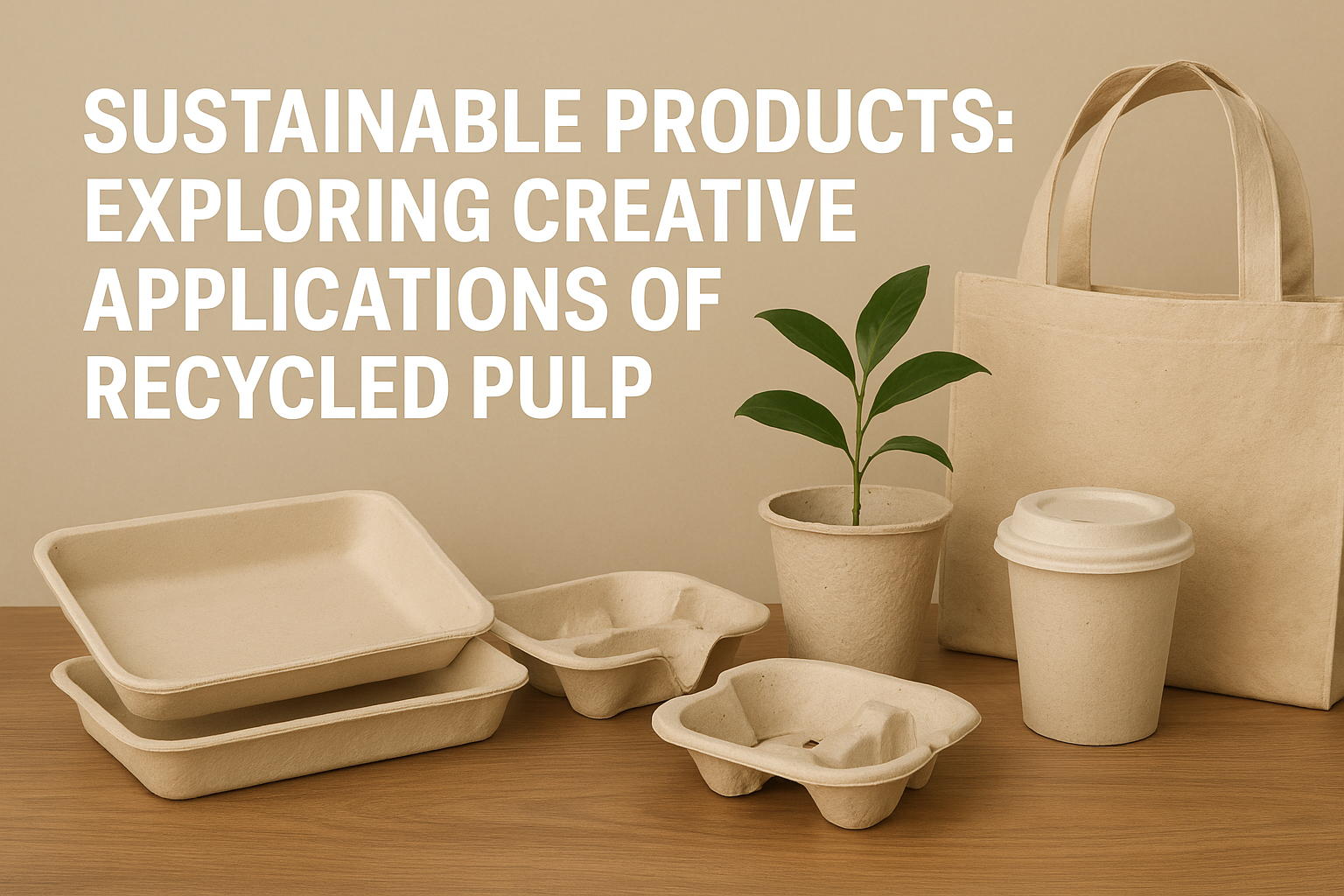 Eco-friendly sustainable products made from recycled pulp including trays, cup holders, plant pot, tote bag, and coffee cup on wooden table