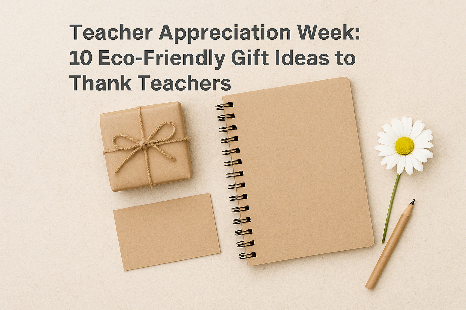 Eco-friendly teacher appreciation gifts including recycled paper products, plants, and sustainable stationery