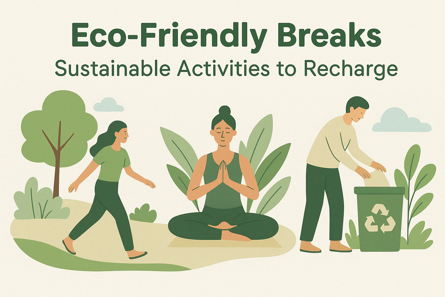 People enjoying eco-friendly activities like nature walks, yoga, and recycling for a sustainable break