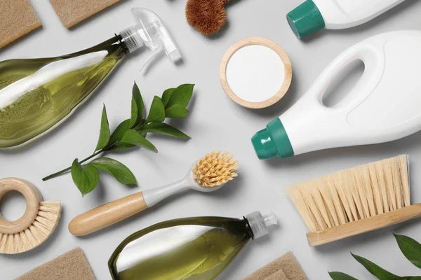 Flat-lay of eco-friendly products (like bamboo accessories) contrasted with conventional items