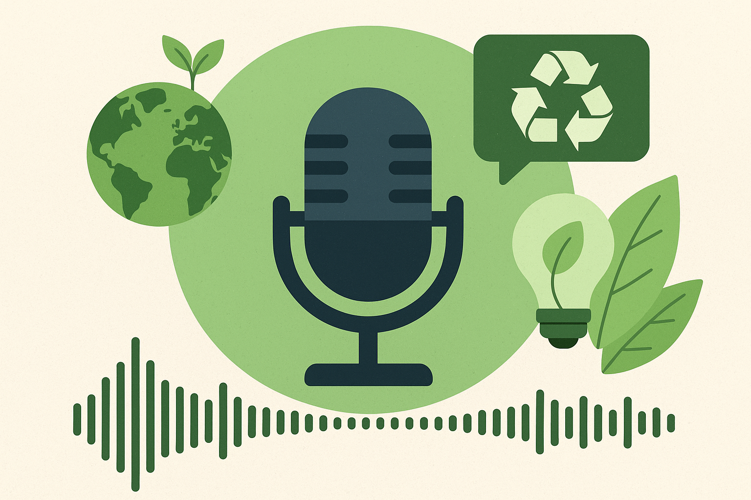 Illustration of a podcast microphone surrounded by eco-friendly icons like Earth, recycling symbol, plant leaves, and lightbulb, representing sustainability podcasts.