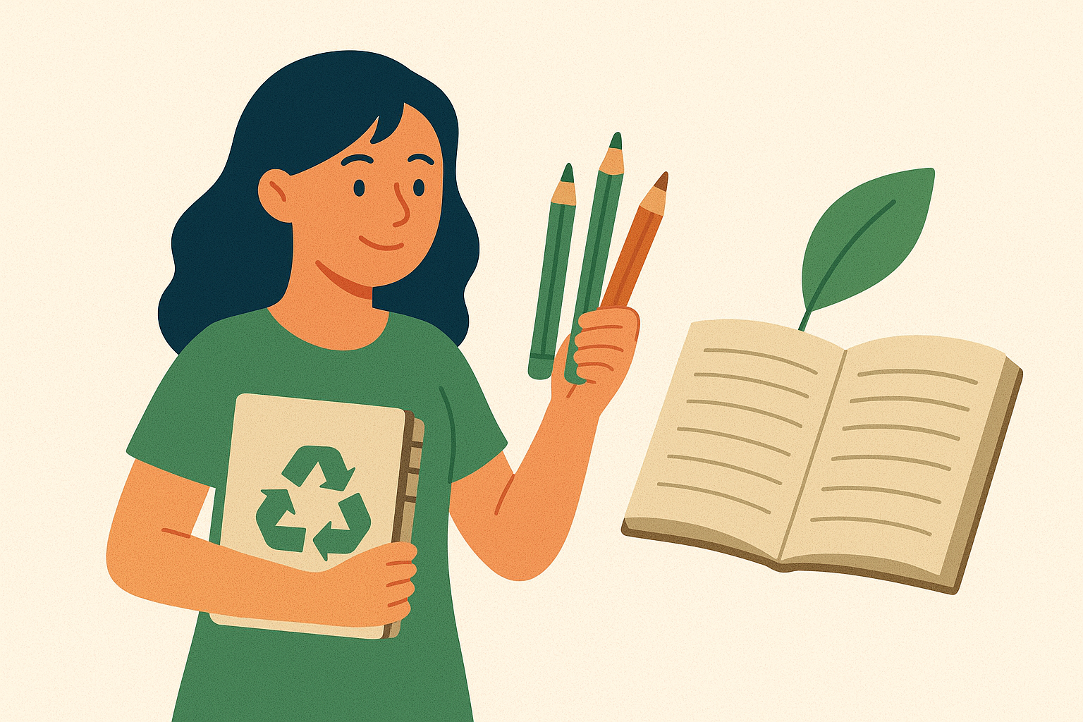 Illustration of a student holding eco-friendly recycled notebooks and pencils, promoting sustainable school supplies like pens, pencils, and notebooks made from recycled paper.