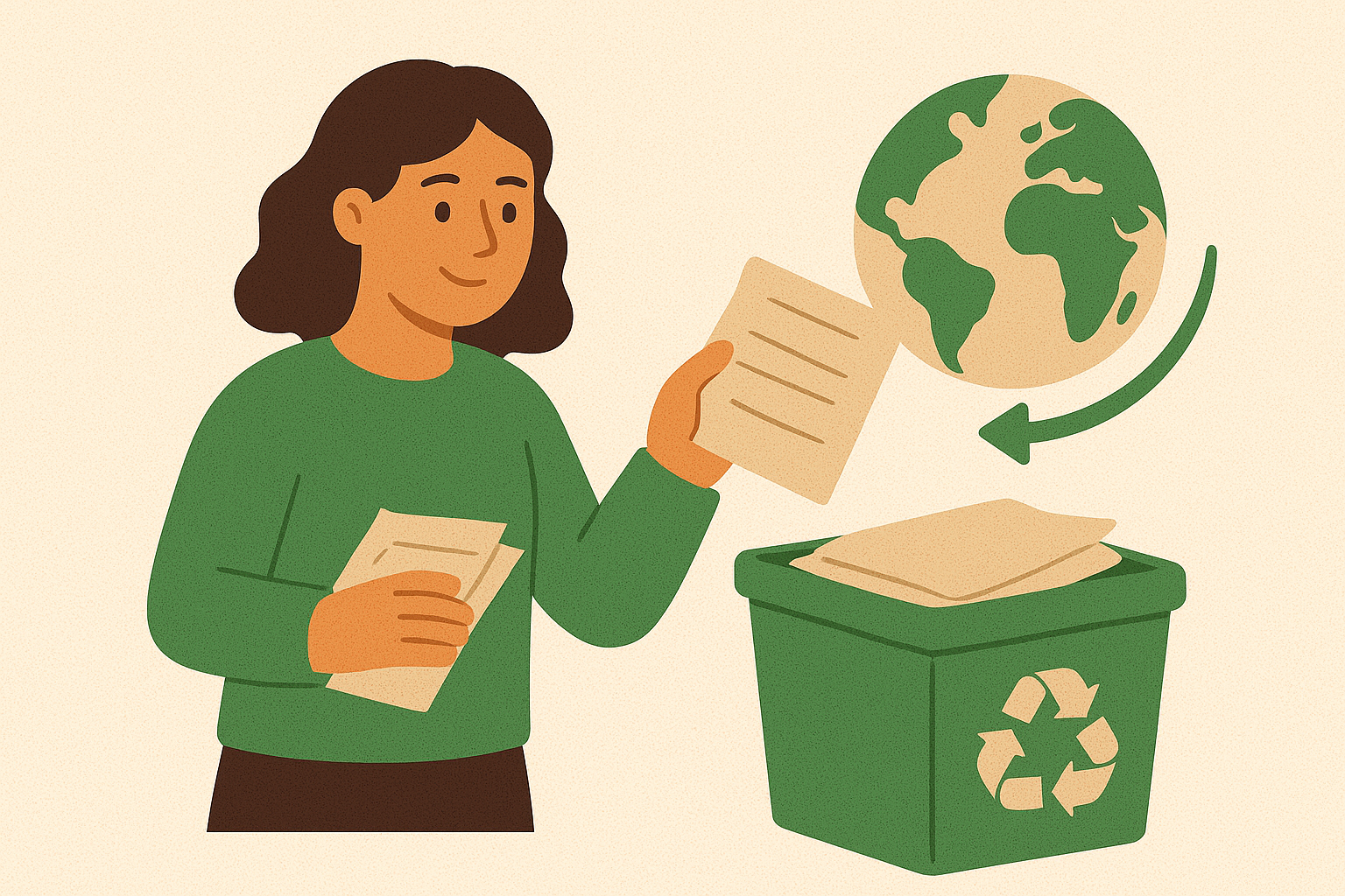 Illustration of a woman recycling paper into a green bin with a recycling symbol, symbolizing global efforts to address waste paper recycling challenges and encourage sustainability.