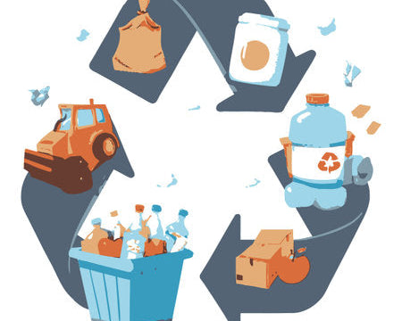 Illustration of non-recyclable paper items like greasy pizza box, waxed paper, receipts, shredded paper, labeled non-recyclable