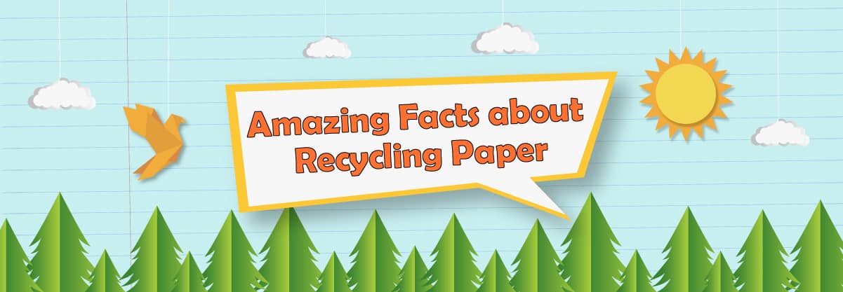 Illustration of recycled paper environment with trees and icons representing sustainability and eco-friendly fun facts
