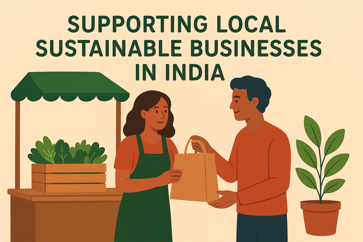 Illustration of people supporting local sustainable businesses in India with eco-friendly shopping