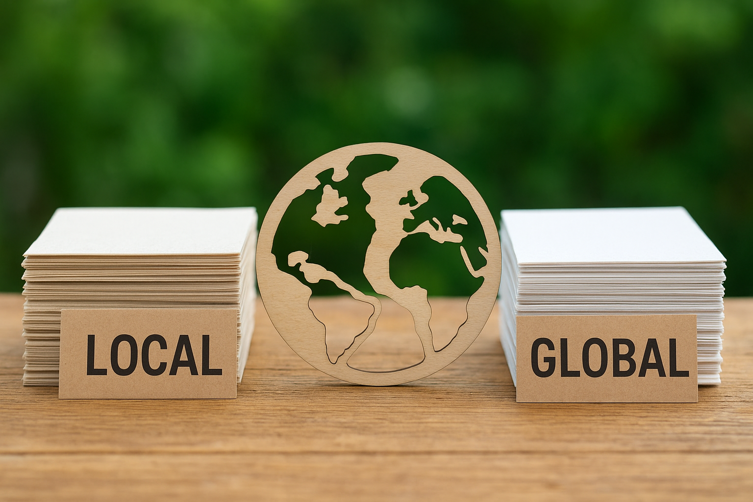 Local and global recycled paper stacks with a wooden globe.