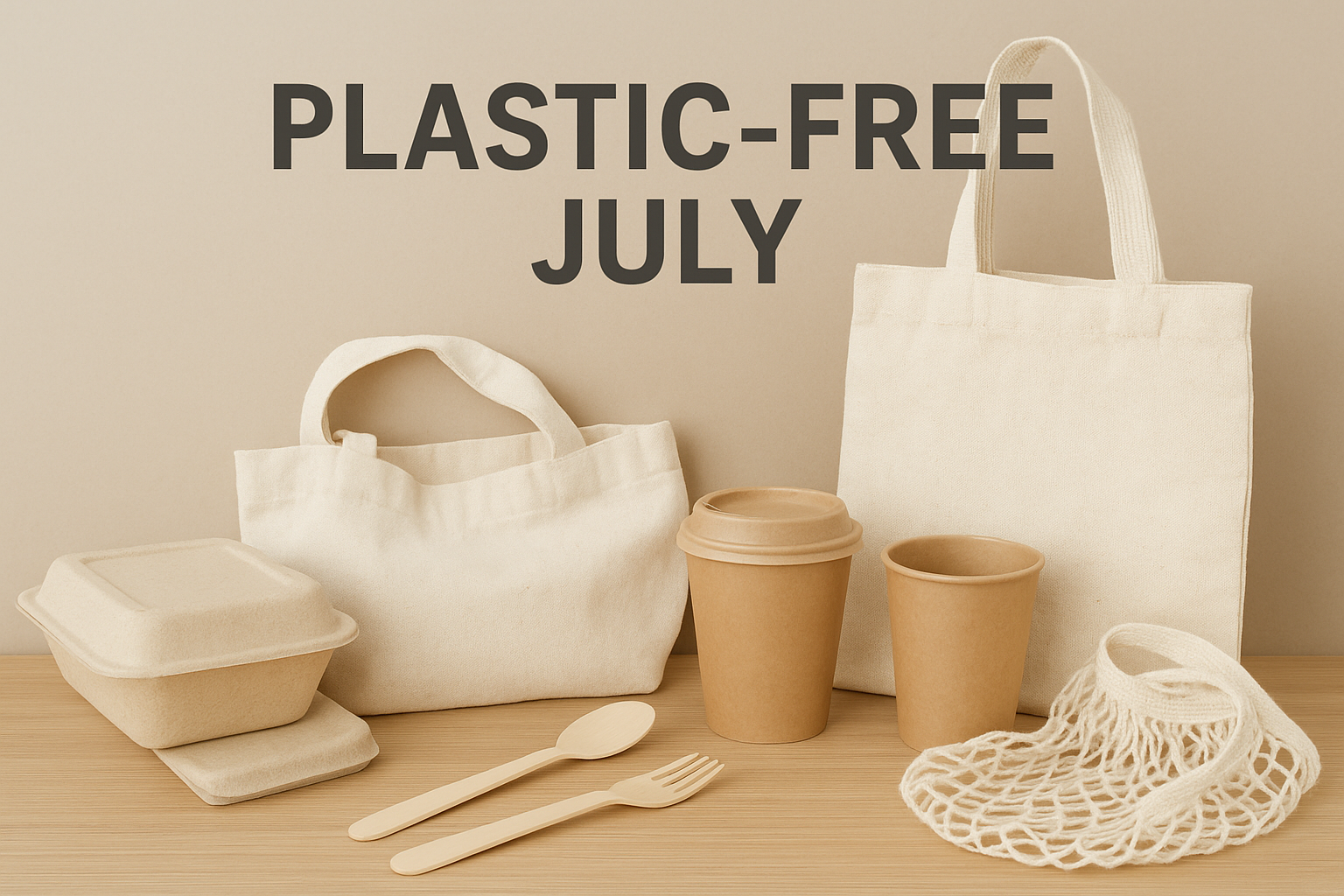 Plastic-Free July sustainable alternatives including reusable tote bags, paper cups, wooden cutlery, recyclable food containers, and cotton net bag on wooden surface.