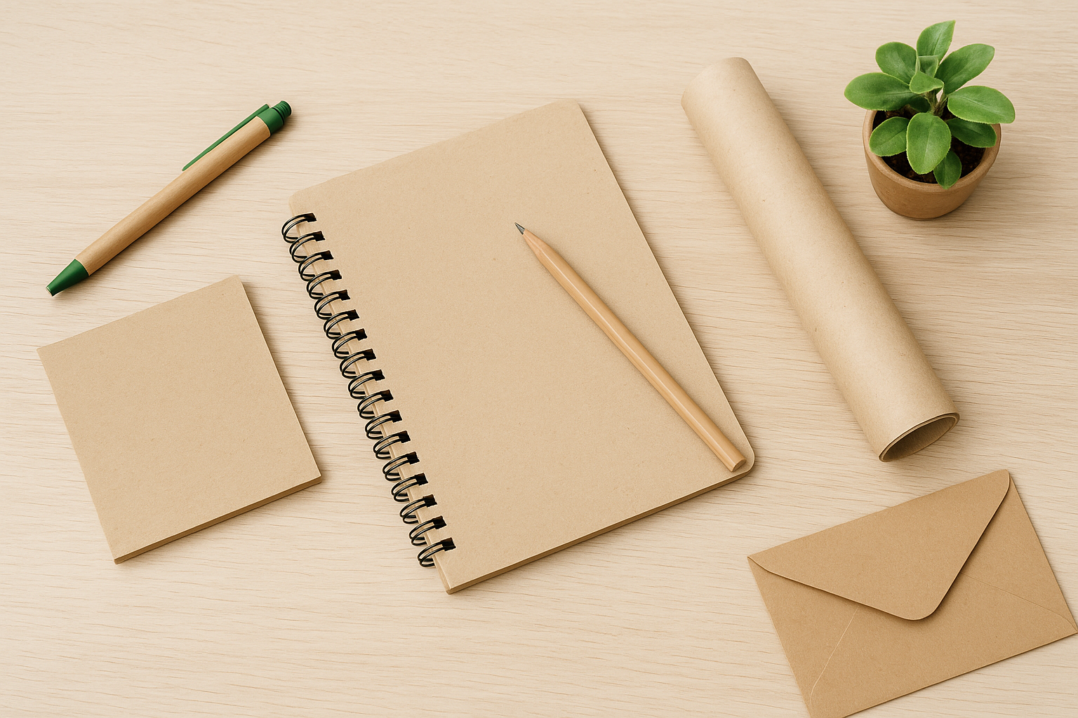 Recycled paper stationery evoking well-being and sustainability in a mindful workspace