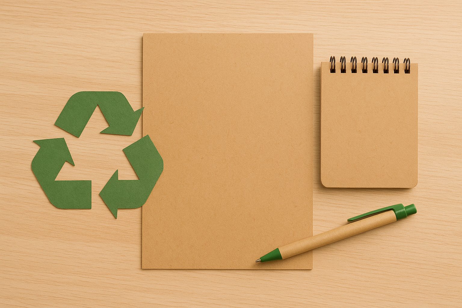 Recycled paper stationery with kraft notebook, eco-friendly pen, and green recycling symbol on wooden desk promoting sustainable practices