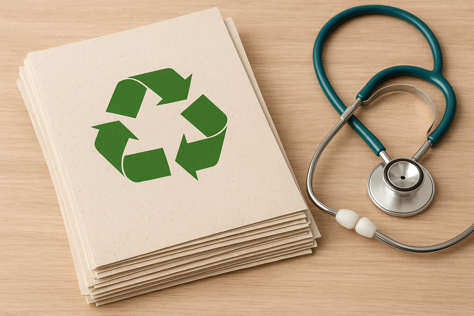Recycled paper with recycling symbol beside a stethoscope.