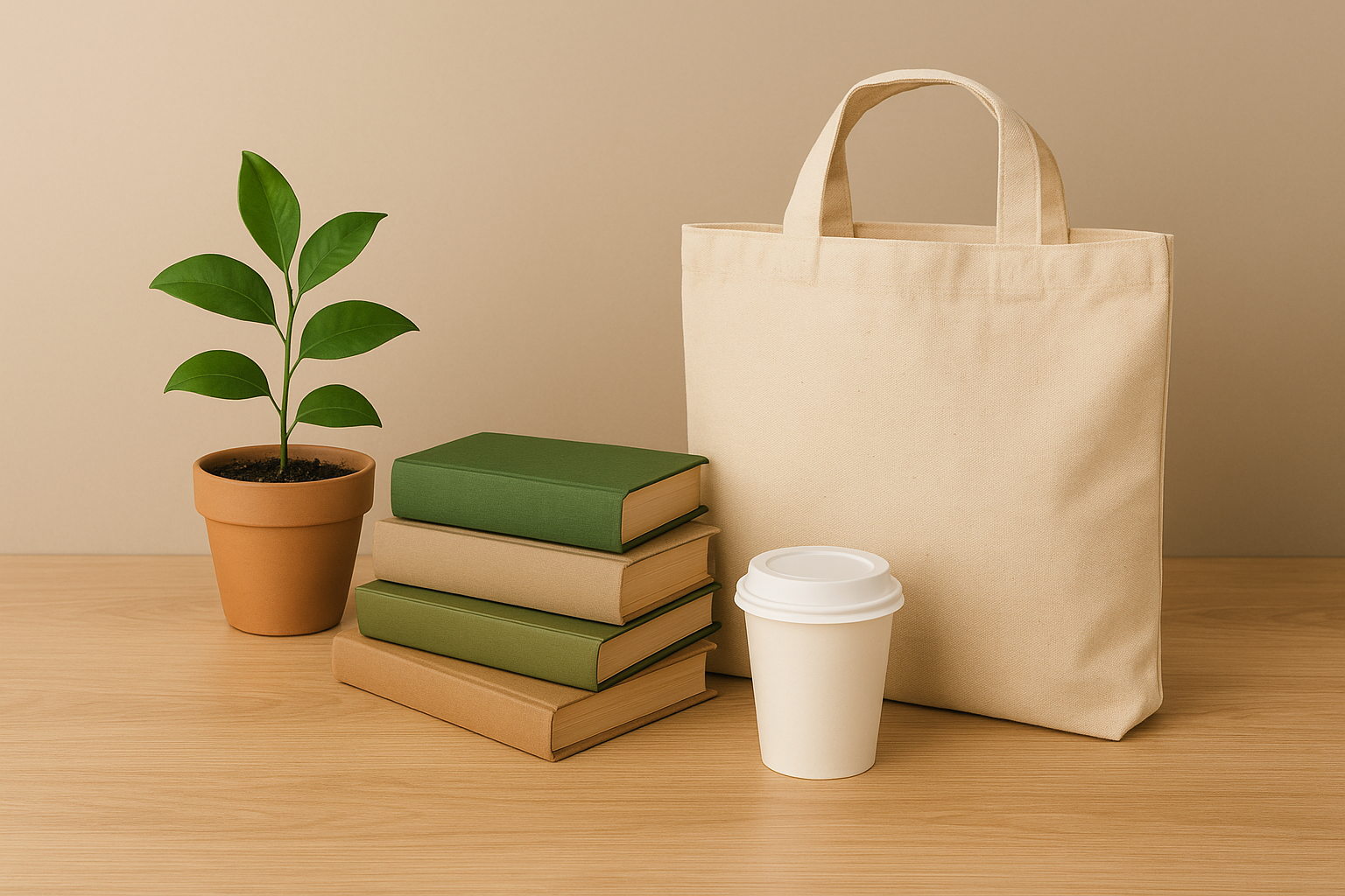 Stack of eco-friendly books on sustainability with reusable tote bag, coffee cup, and potted plant promoting environmental conservation."