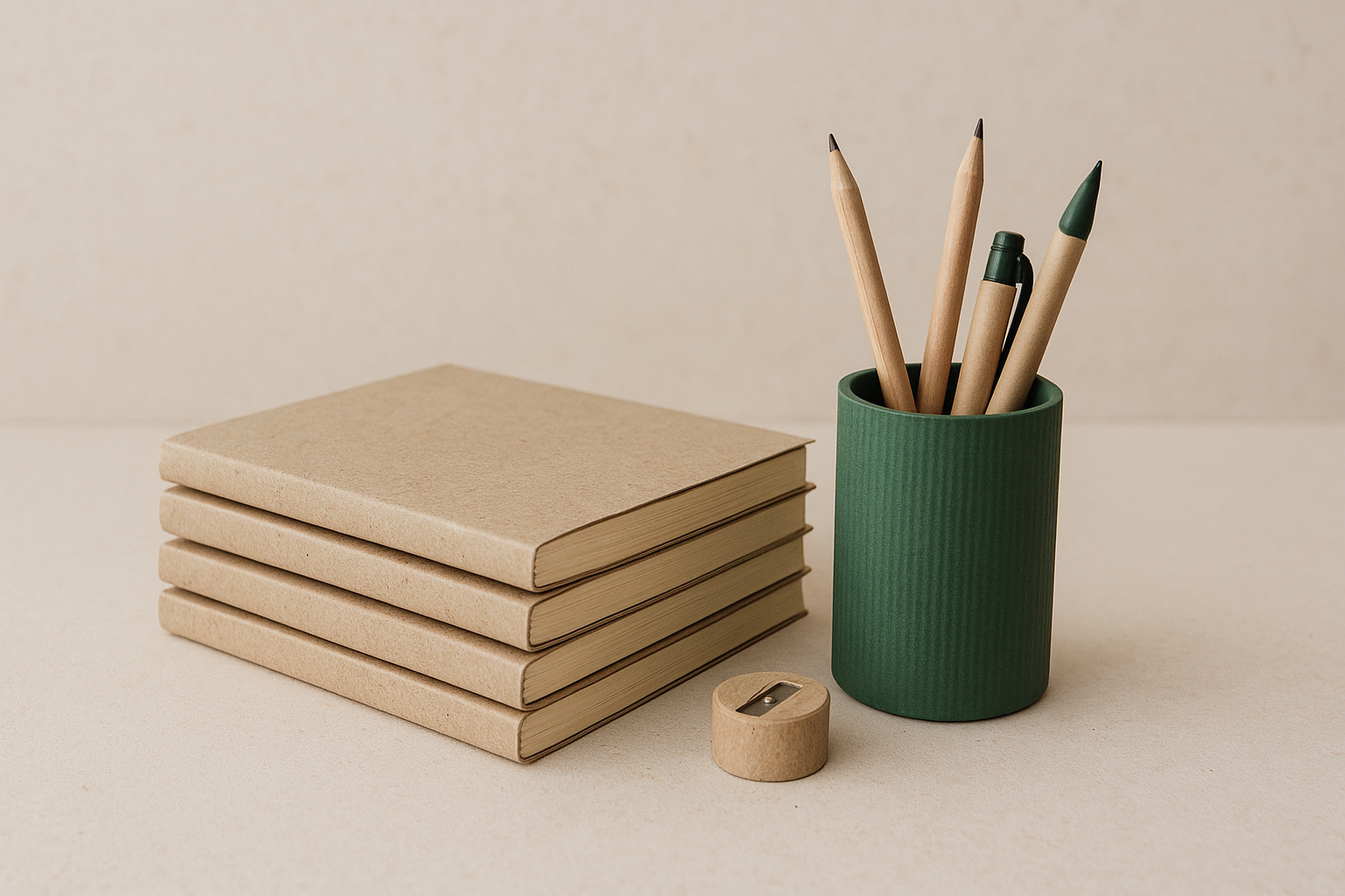Stack of recycled paper notebooks and eco-friendly school supplies promoting sustainable education