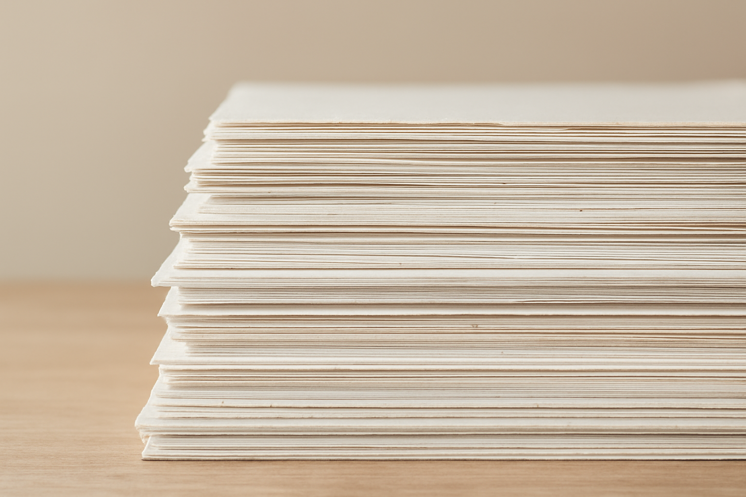 Stack of recycled paper sheets in different white shades.