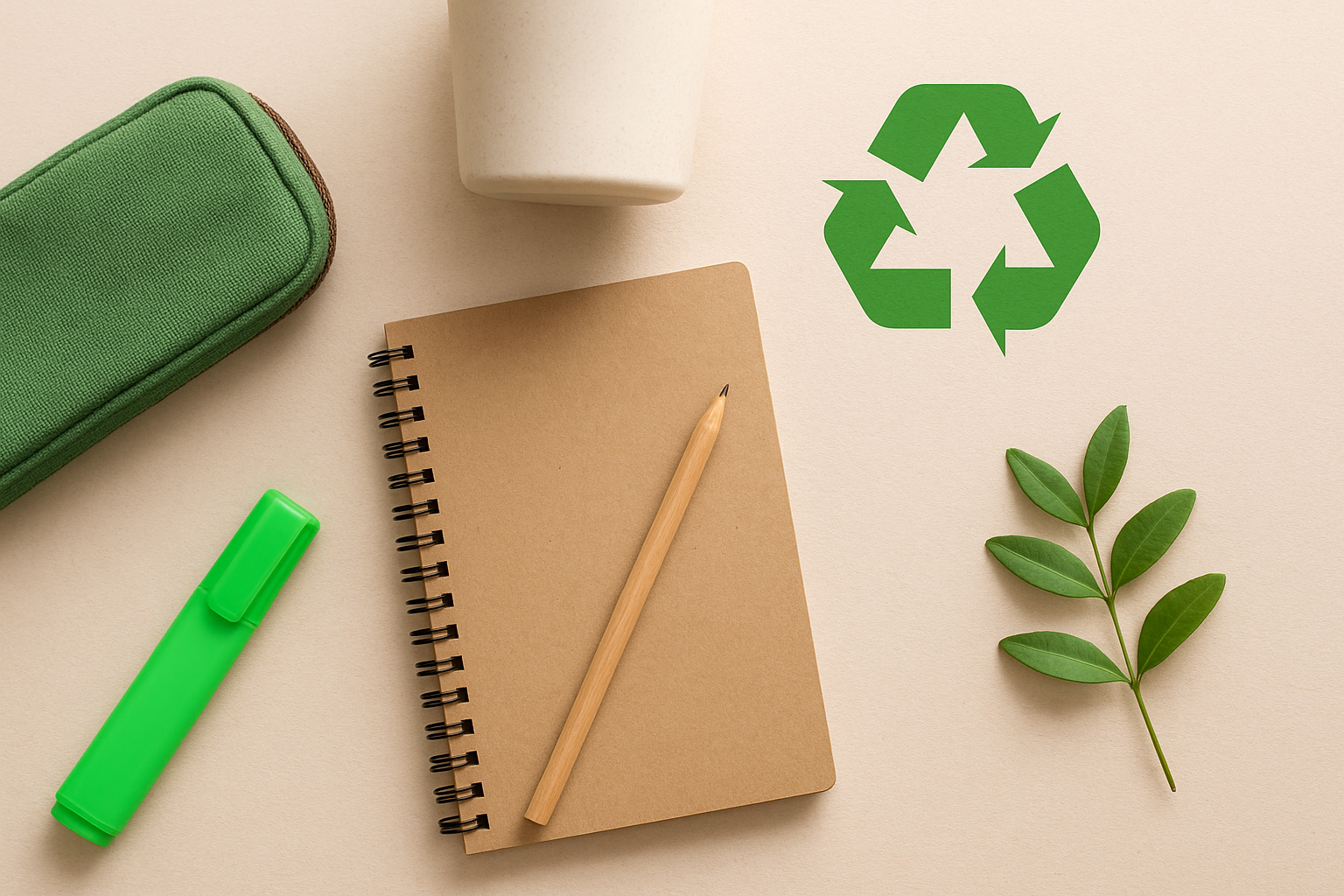 Student using recycled paper notebooks and eco-friendly study tools to stay productive and sustainable