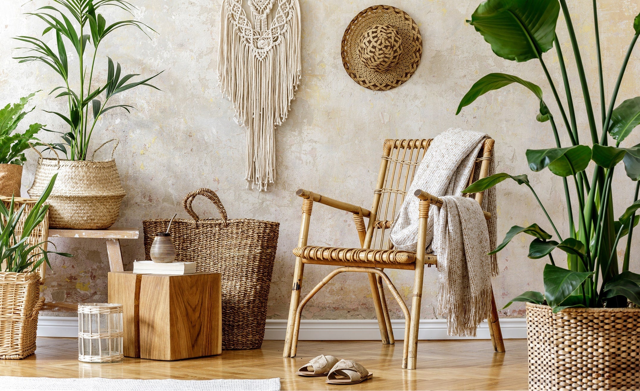 Stylish living room with sustainable home decor—plants, recycled materials, natural light