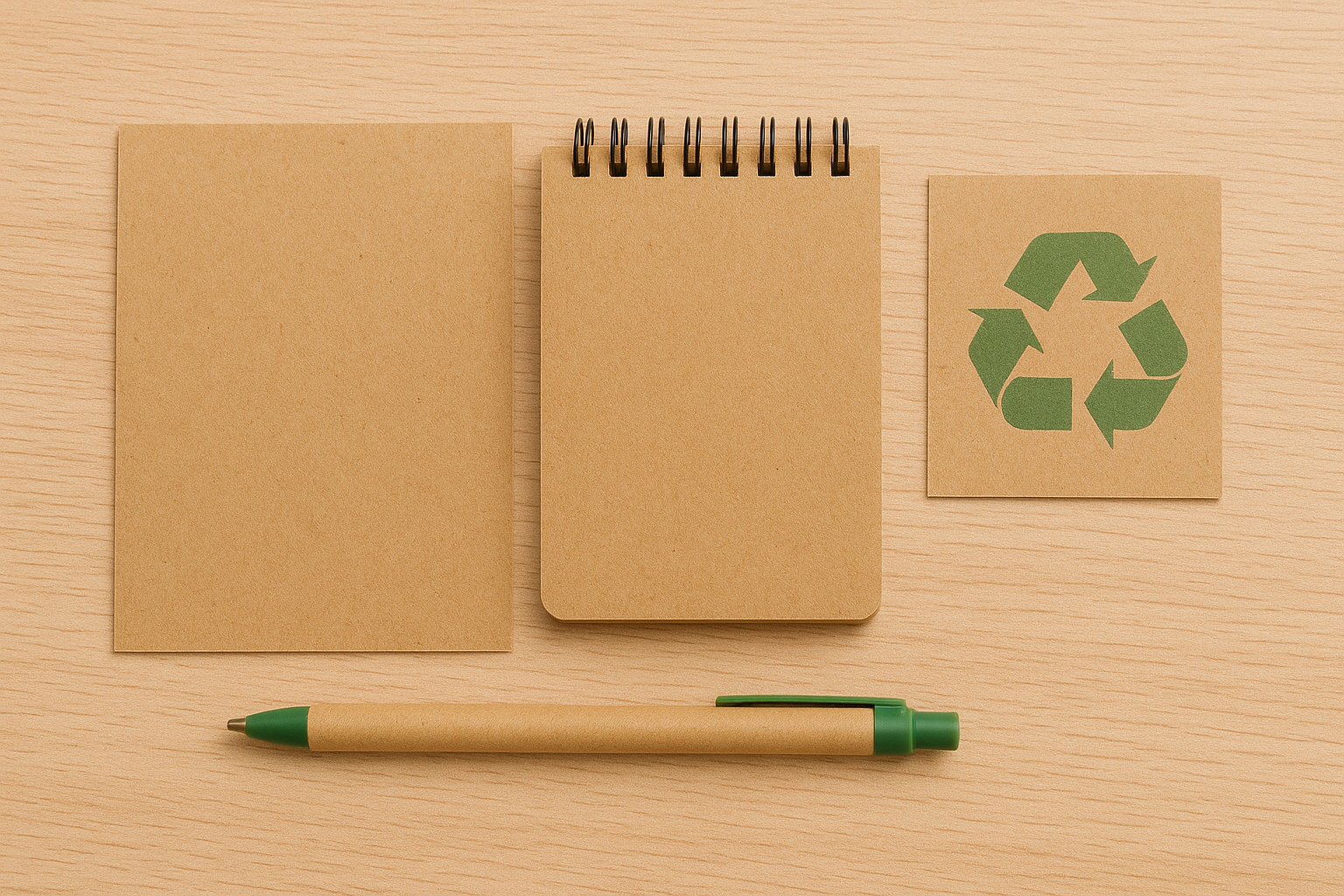 Sustainable innovations in recycled paper production with kraft notebooks, eco-friendly pen, and green recycling symbol on wooden desk