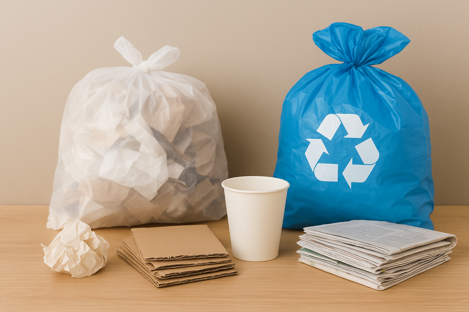 Waste paper recycling challenge shown with crumpled paper, cardboard, disposable cup, newspapers, and recycling bags highlighting contamination issues