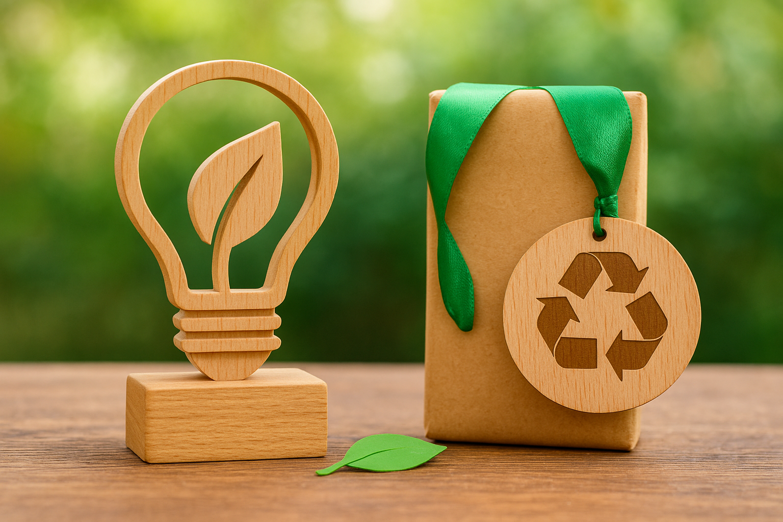 Wooden eco-friendly award and recycle medal on a table.