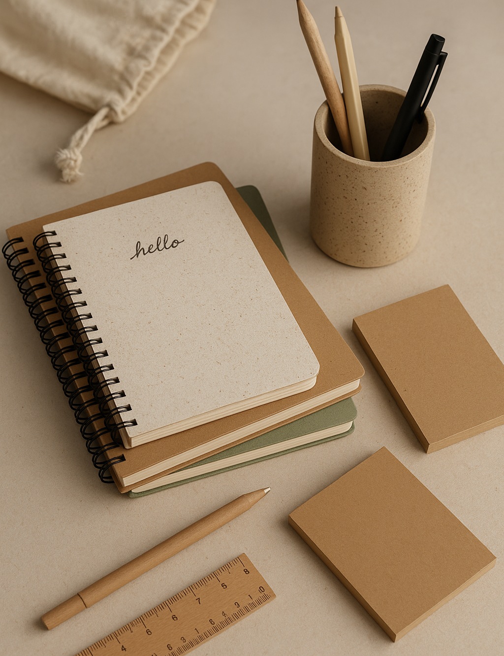 Stack of eco-friendly recycled notebooks, planners, and stationery on a desk
