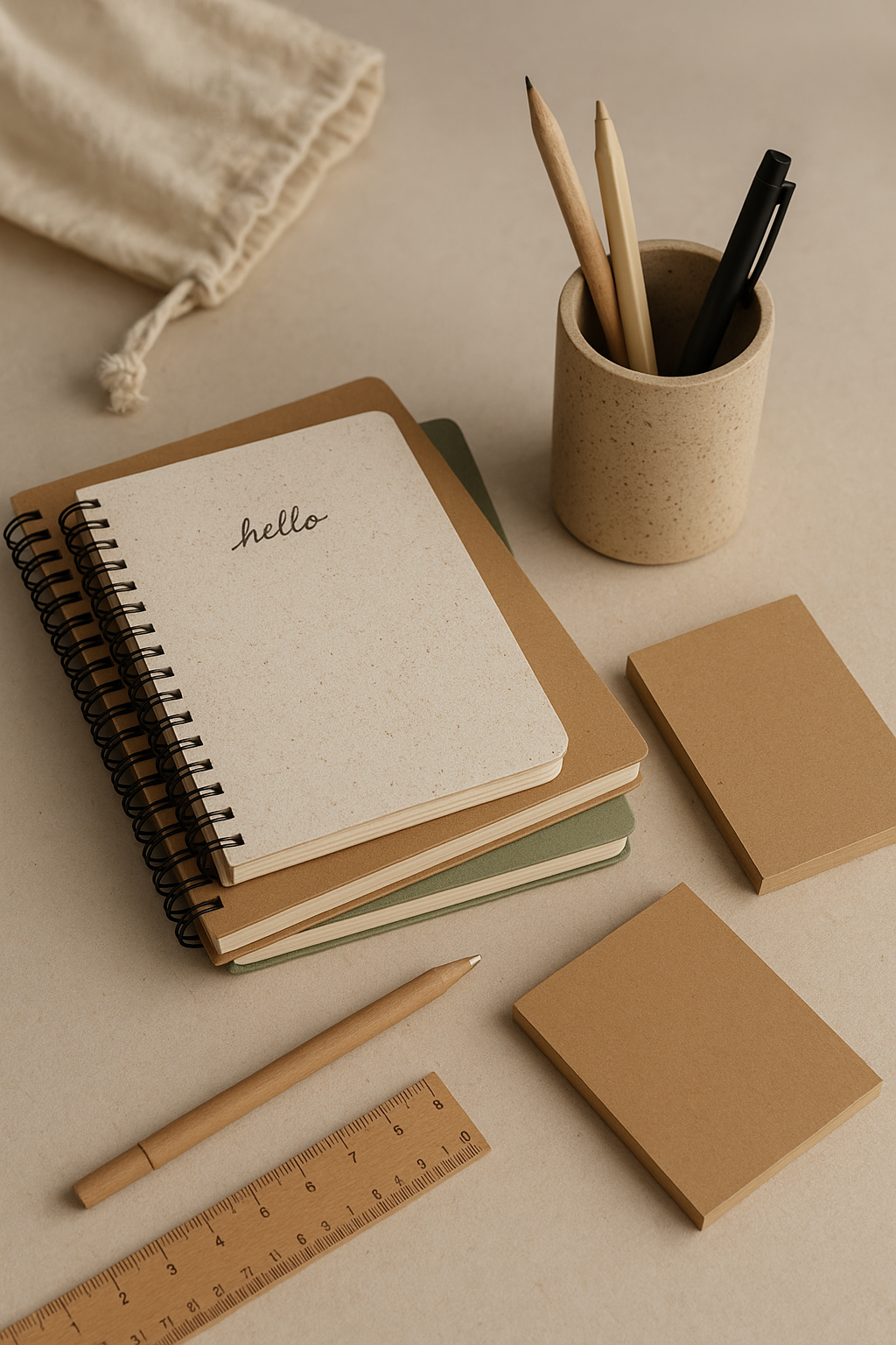 Stack of eco-friendly recycled notebooks, planners, and stationery on a desk