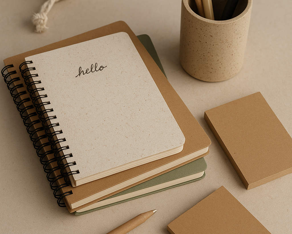 Stack of eco-friendly recycled notebooks, planners, and stationery on a desk