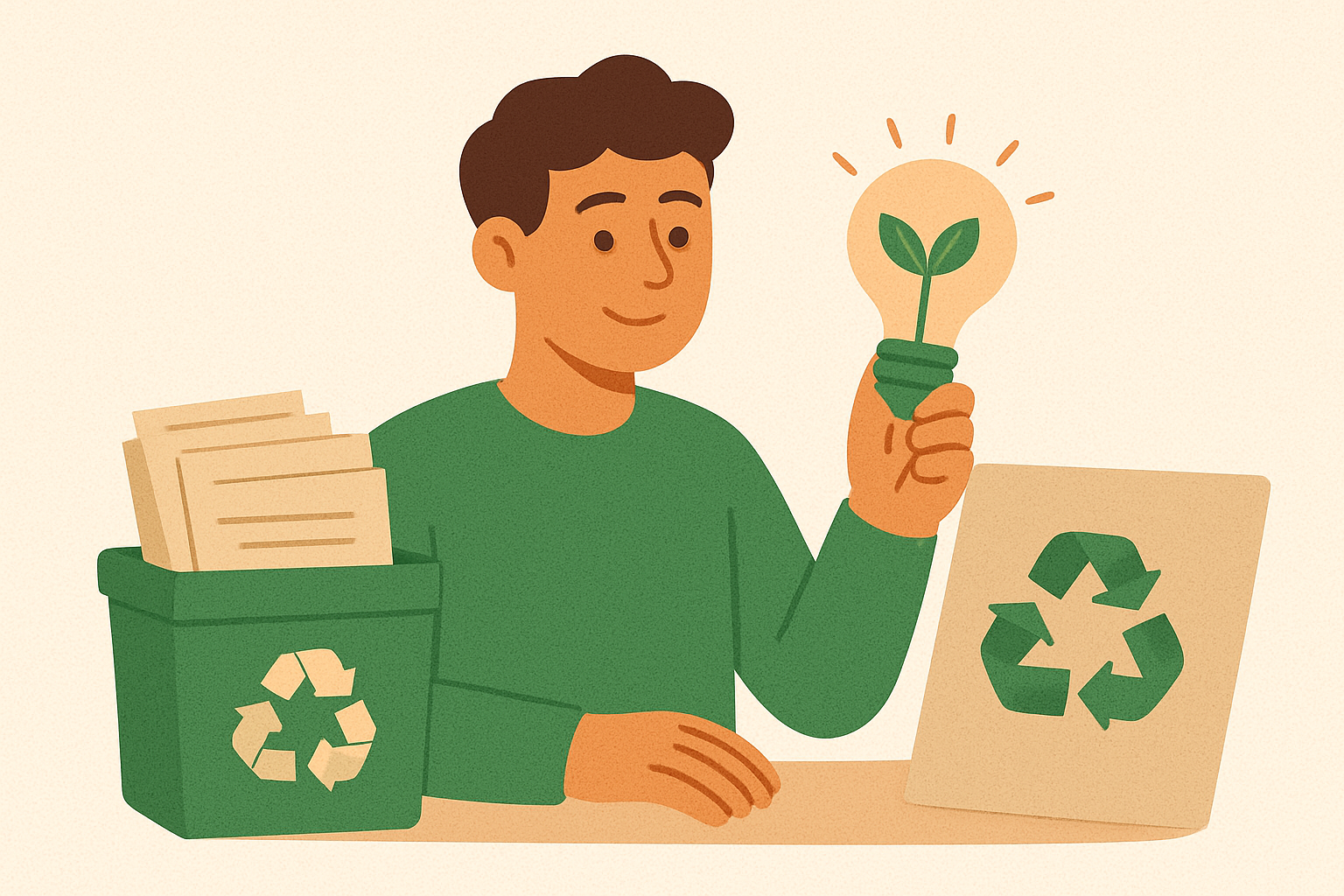 man holding a lightbulb with a green plant inside, symbolizing green innovations and breakthroughs in recycled paper technology, with recycling symbols on paper and bin.
