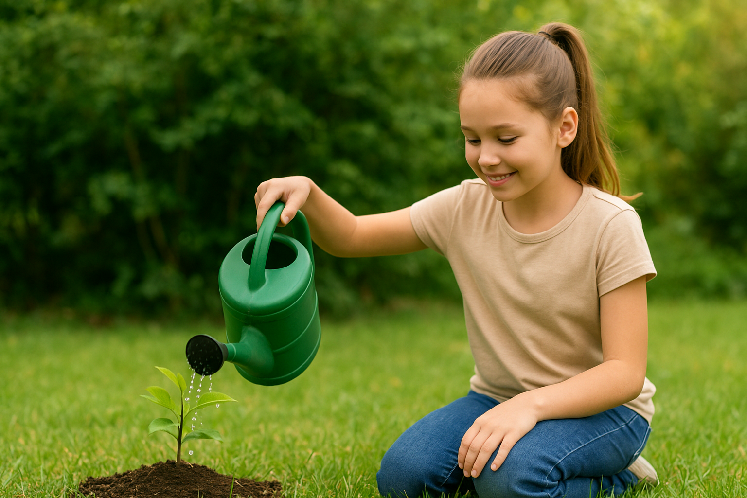 Young girl watering a sapling in a garden
